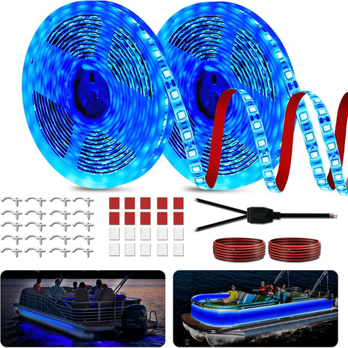 Marine LED Strip Lights for Pontoon Boats - 12V Waterproof Interior Deck Lighting for Kayaks, Jon Boats, Bass Boats, and Fishing Vessels (Blue, 32.8Ft)