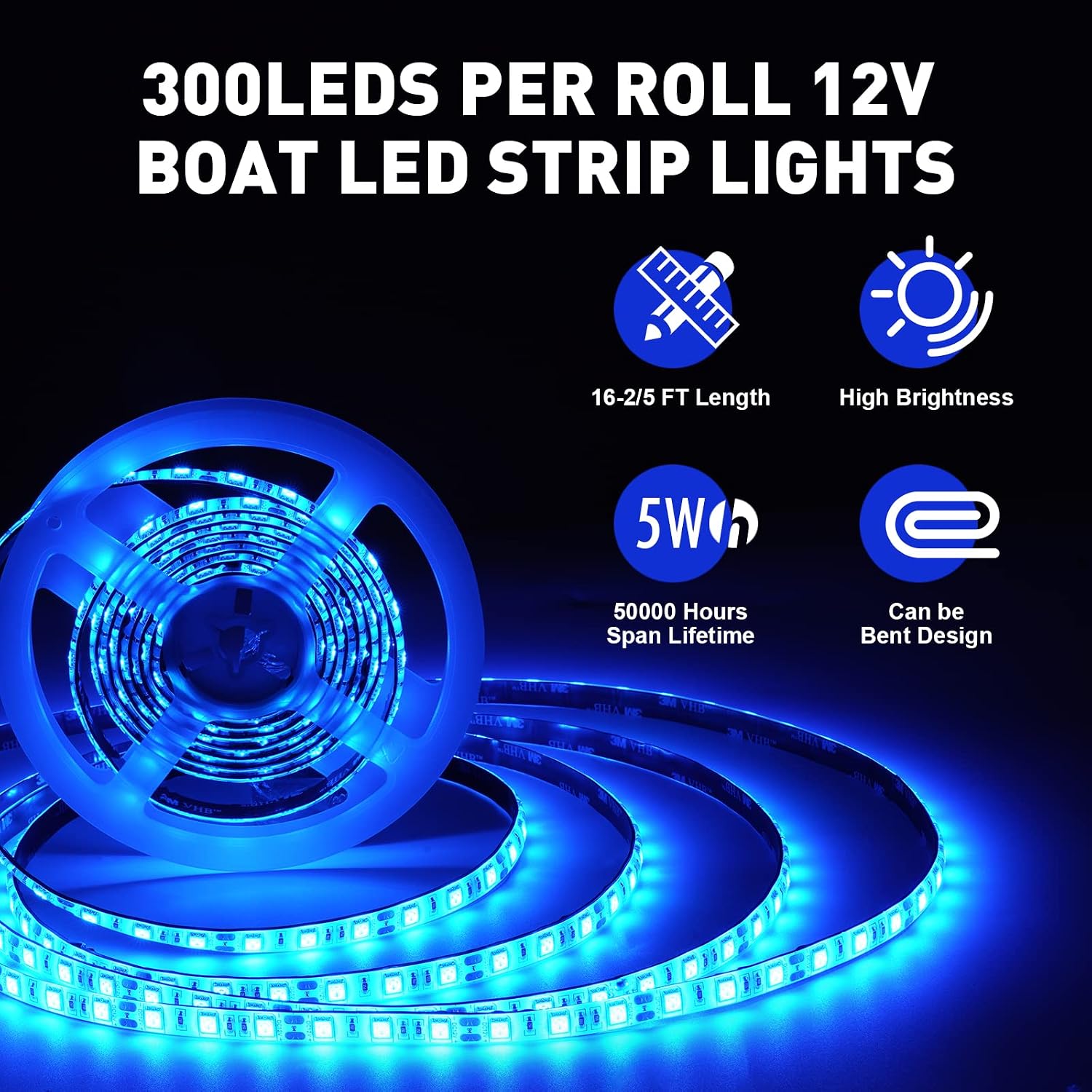 Marine LED Strip Lights for Pontoon Boats - 12V Waterproof Interior Deck Lighting for Kayaks, Jon Boats, Bass Boats, and Fishing Vessels (Blue, 32.8Ft)